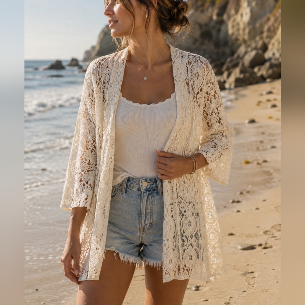Beth Bowley Ivory Lace Cardigan Size Medium Boho Open Front Crochet Kimono